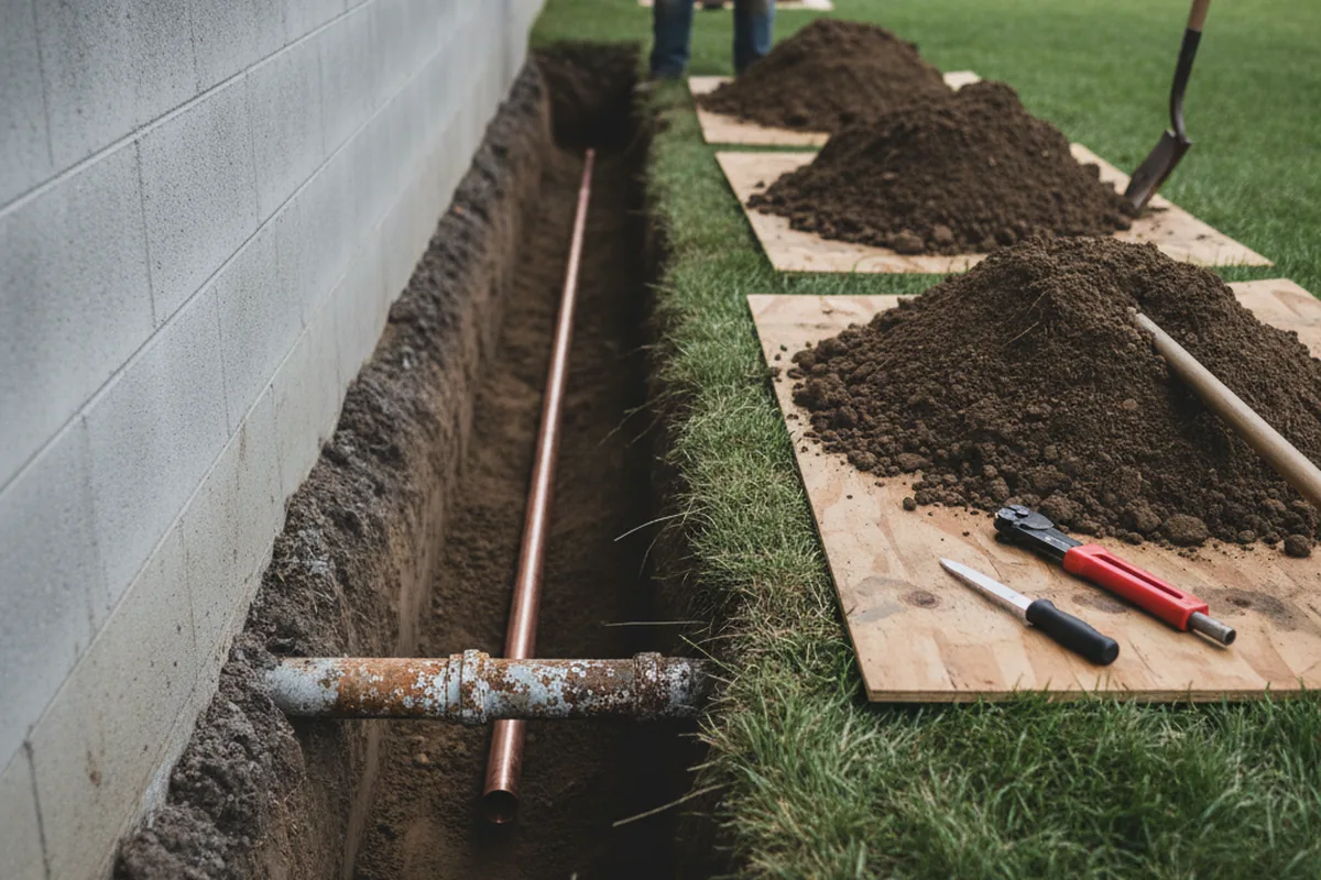 Excavated water line trench during Water Heater Repair in Boxborough